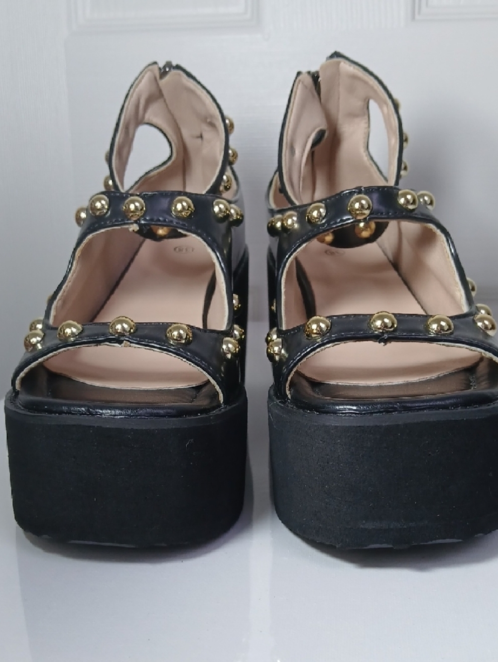 Black Studded Steampunk Goth Chunky Platform Open Toe Ankle Strap Sandals - Picture 9 of 16